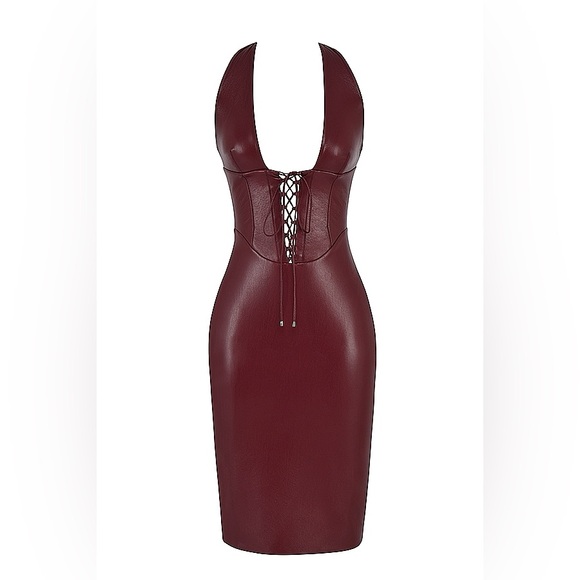 HOUSE OF CB “JAQUETTA” WINE VEGAN LEATHER MIDI DRESS - Picture 10 of 16